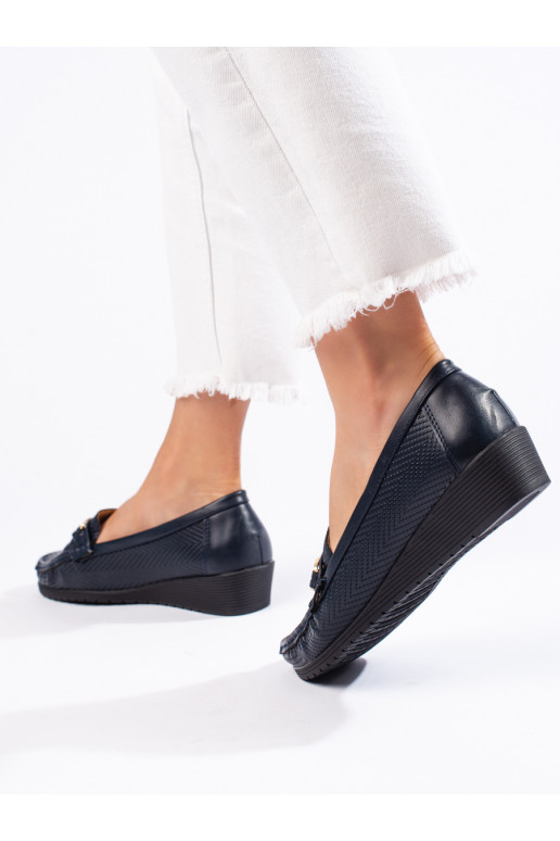 Tmavě modré dámské mokasíny na nízkém klínku