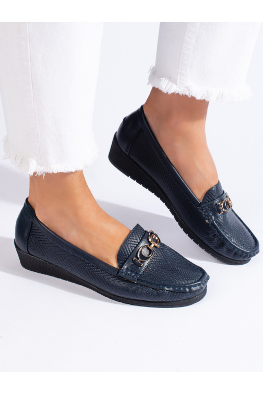 Tmavě modré dámské mokasíny na nízkém klínku
