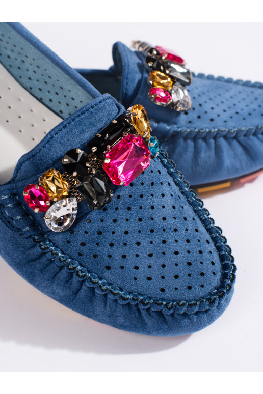 Modré dámské mokasíny dírkované s krystalky