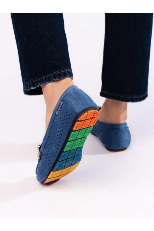 Modré dámské mokasíny dírkované s krystalky