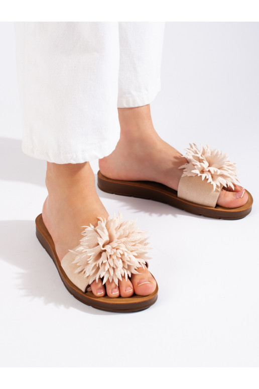 Béžové dámské nazouváky s kytkou