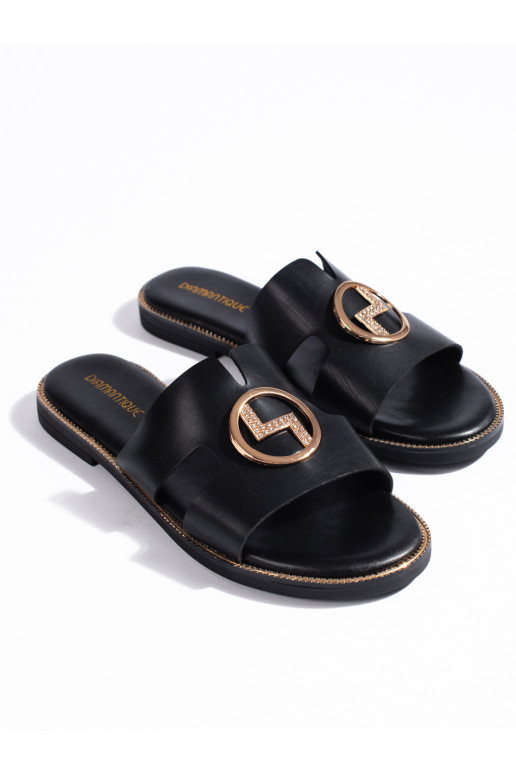Černé ploché pantofle se zlatou ozdobou