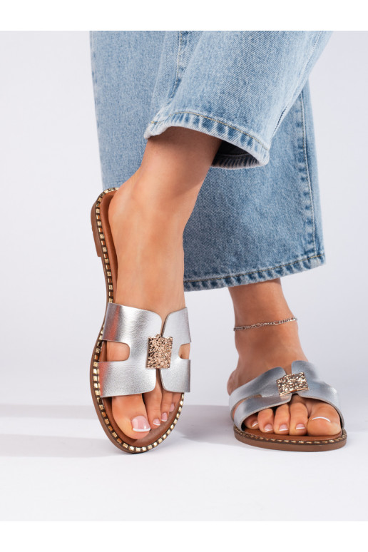 Stříbrné ploché dámské pantofle