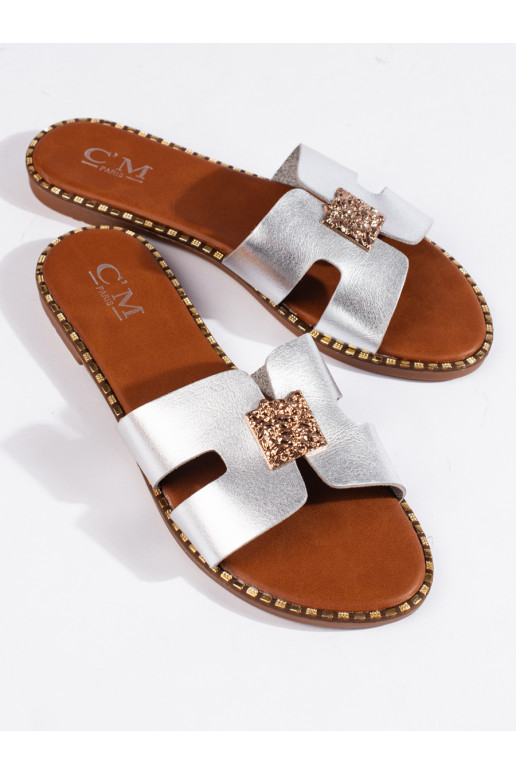 Stříbrné ploché dámské pantofle