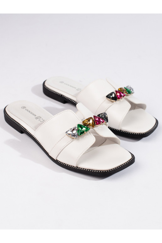 Bílé dámské pantofle s ozdobnými kamínky