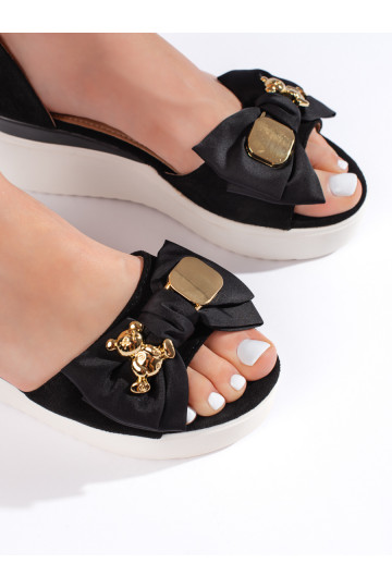 Černé dámské sandály na klínku s mašličkou 2