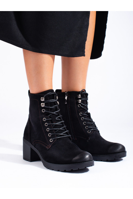 Šněrovací dámské členkové boty na podpatku Potocki z eko semiše