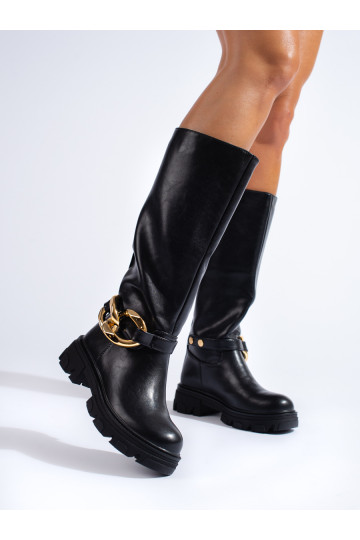 Černé dámské kozačky s řetízkem z eko kůže
