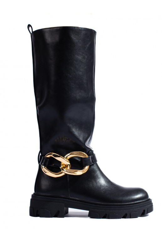 Černé dámské kozačky s řetízkem z eko kůže