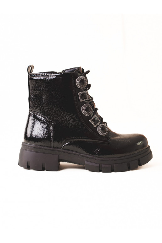 Šněrovací kotníkové boty pro dívky s ornamenty černé