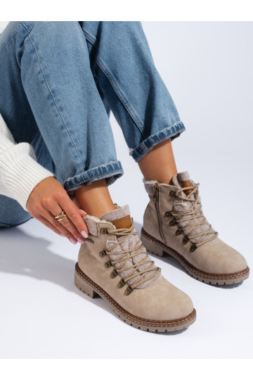 Béžové dámské traperky s kožešinou