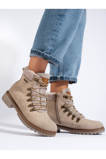 Béžové dámské traperky s kožešinou 2