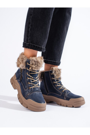 Modré dámské kozačky s kožíškem