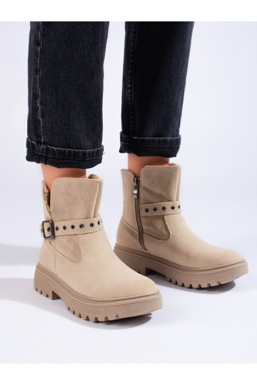 Béžové dámské kozačky z ekologického semiše