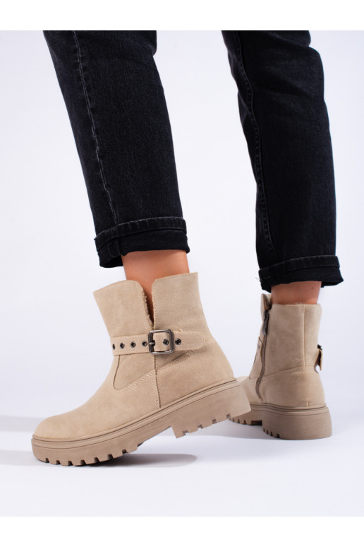 Béžové dámské kozačky z ekologického semiše