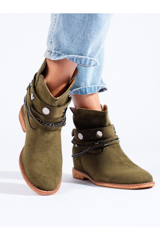 Dámské semišové kotníkové boty kovbojky na klínku zelené