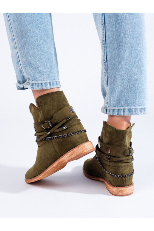 Dámské semišové kotníkové boty kovbojky na klínku zelené