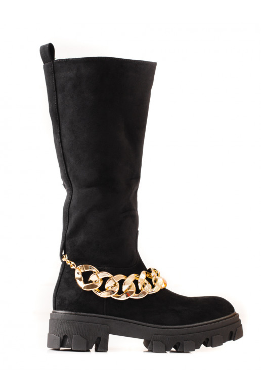 Černé dámské kozačky se zlatým řetízkem