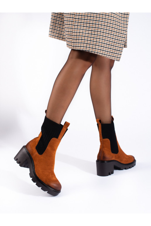 Camelové nazouvací boty na širokém podpatku Potocki