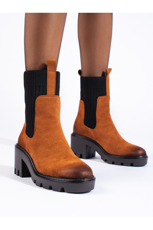 Camelové nazouvací boty na širokém podpatku Potocki