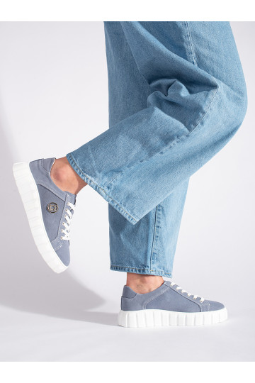 Modré polobotky na platformě ze semišové kůže