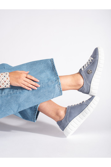 Modré polobotky na platformě ze semišové kůže 2