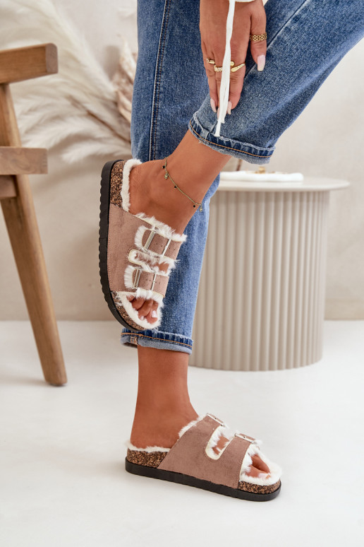 Dámské Pantofle S Přezkami A Kožíškem Béžové Ezilena