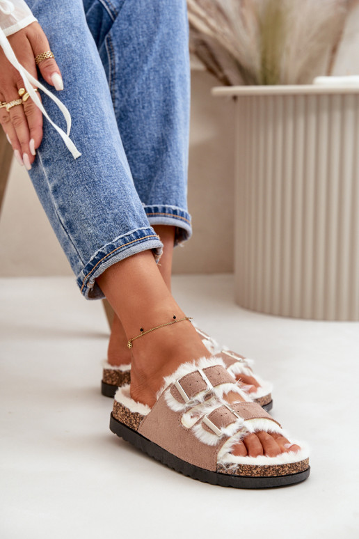 Dámské Pantofle S Přezkami A Kožíškem Béžové Ezilena