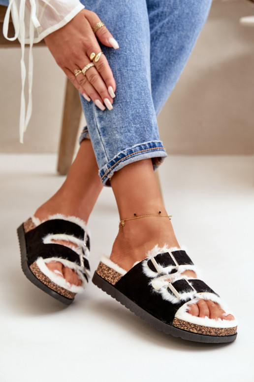 Dámské Pantofle S Přezkami A Kožíškem Černé Ezilena