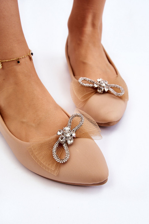 Dámské baleríny s výstřihem do V a ozdobnou mašlí Tmavě béžová Luminous