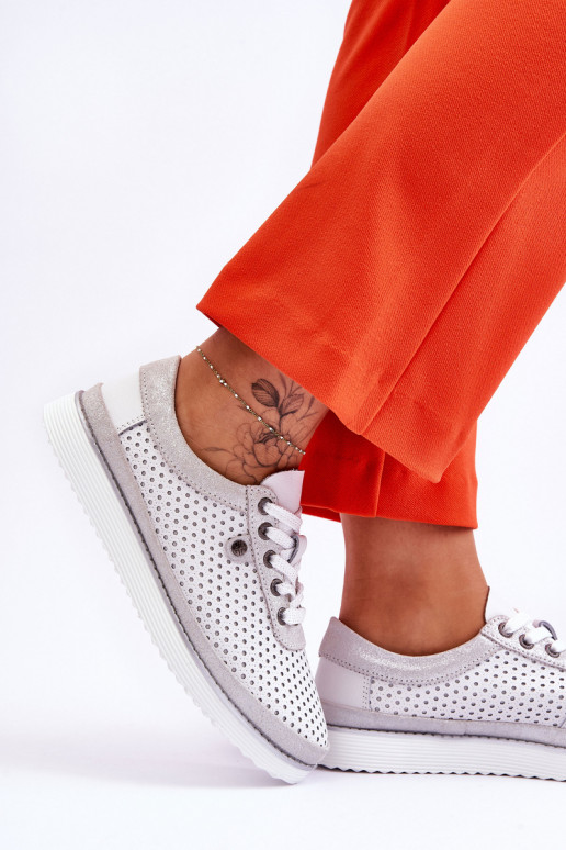 Módní kožená prolamovaná sportovní obuv Bílo-stříbrná Cantare Módní kožená prolamovaná sportovní obuv Bílo-stříbrná Cantare