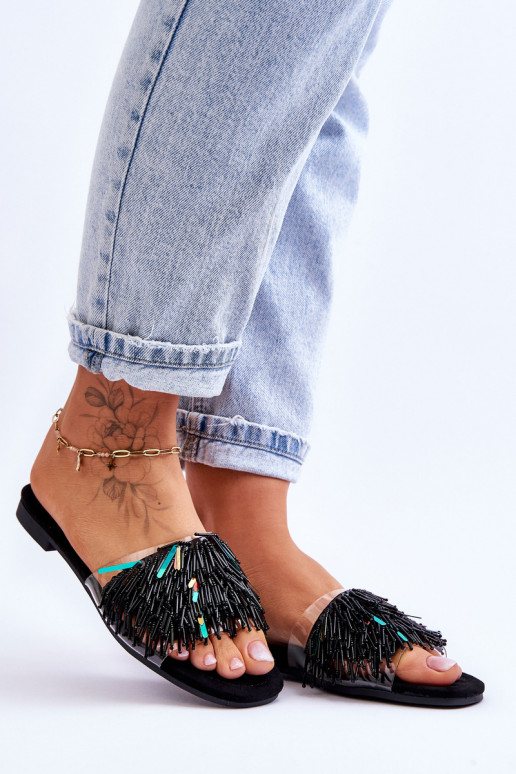 Dámské pantofle s módními ozdobami S.Barski KV-576-4 Černá