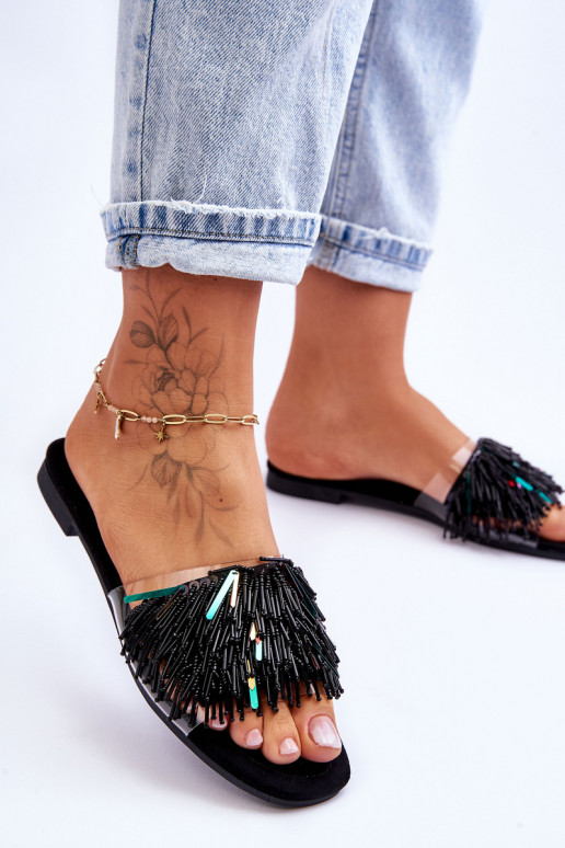 Dámské pantofle s módními ozdobami S.Barski KV-576-4 Černá