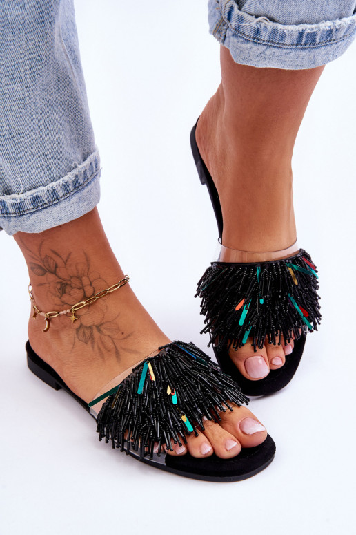 Dámské pantofle s módními ozdobami S.Barski KV-576-4 Černá