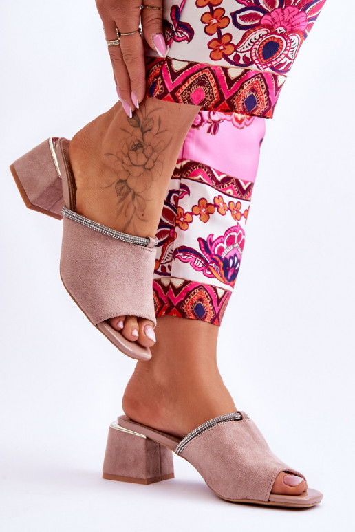 Semišové pantofle na vysokém podpatku S.Barski KV-612-2 Béžove