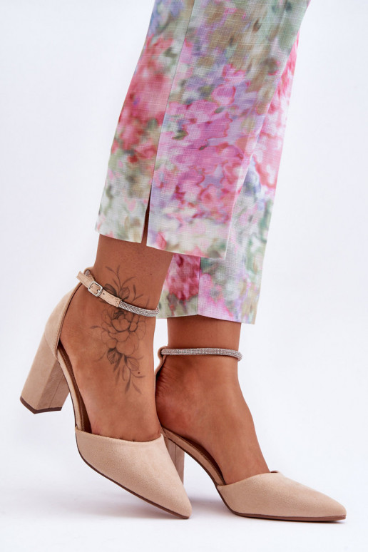 Zamszové Pumpy se Cyrkoniami Béžové Diamond