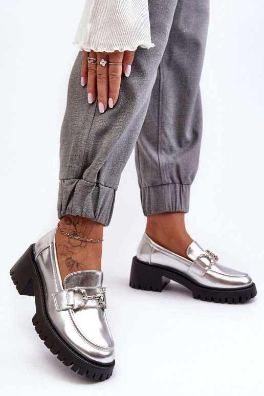 Dámské kožené polobotky na masivním podpatku stříbrné Lemmitty