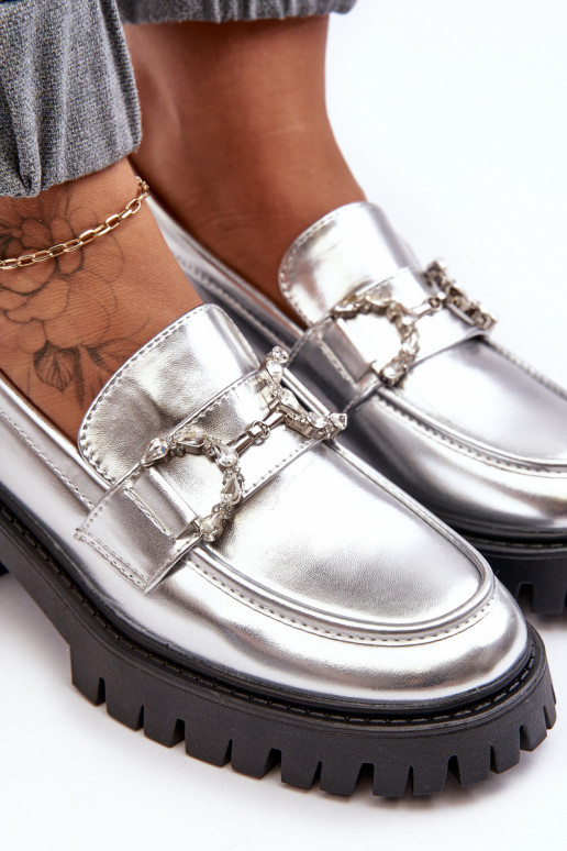 Dámské kožené polobotky na masivním podpatku stříbrné Lemmitty