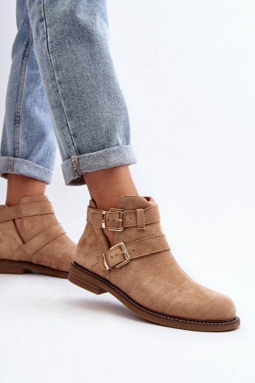 Dámské botky na plochém podpatku s pásky béžové Melviana Dámské botky na plochém podpatku s pásky béžové Melviana