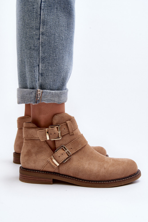 Dámské botky na plochém podpatku s pásky béžové Melviana Dámské botky na plochém podpatku s pásky béžové Melviana