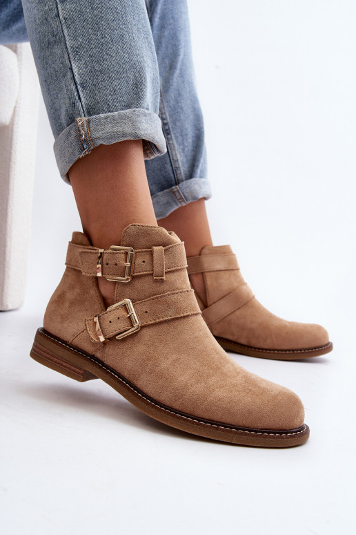 Dámské botky na plochém podpatku s pásky béžové Melviana Dámské botky na plochém podpatku s pásky béžové Melviana