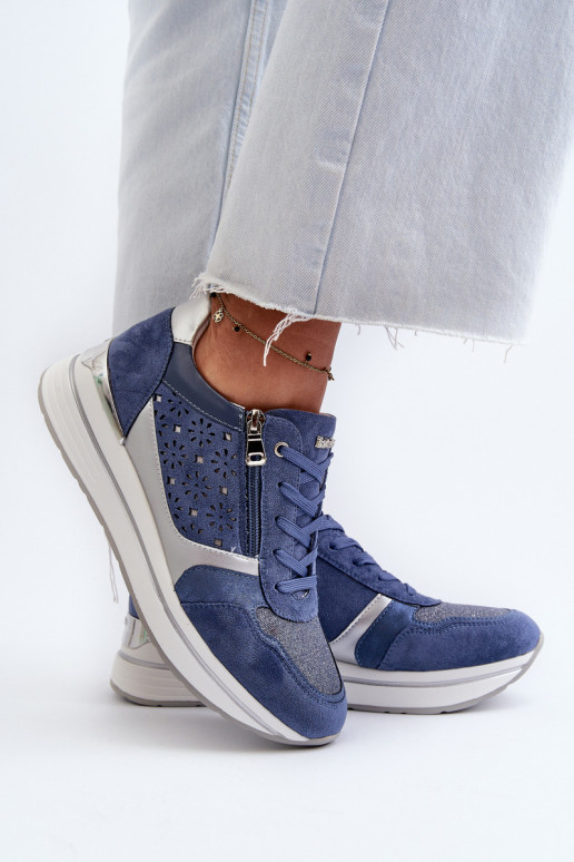 Dámské tenisky na platformě s ažurovým vzorem a flitrem INBLU IN000372 Modré