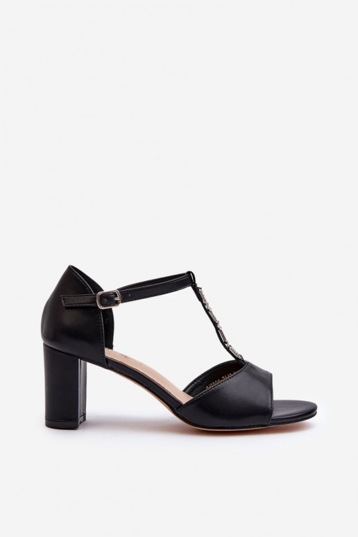 Dámské sandály na podpatku s ozdobným páskem eko kůže černé Triavera