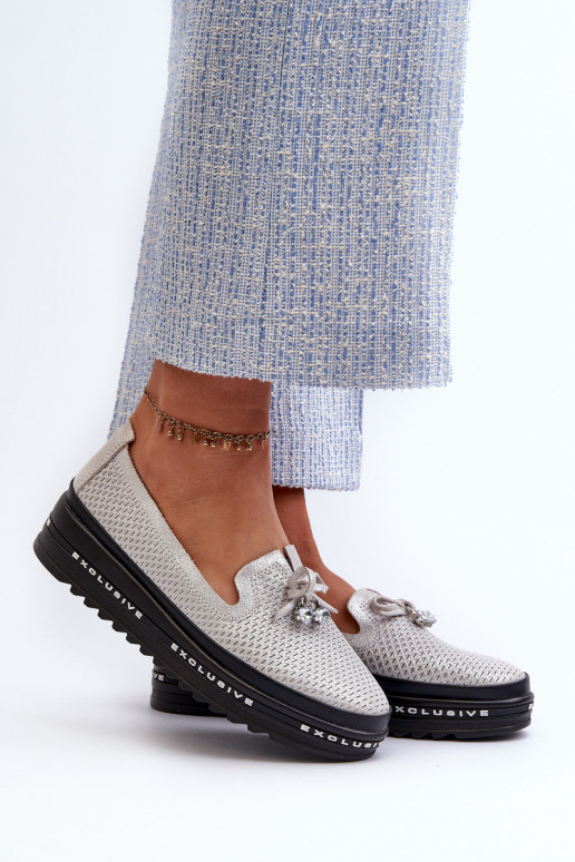 Lesklé Dámské Kozačky Ze Kůže Na Platformě S.Barski LR400 Stříbrné