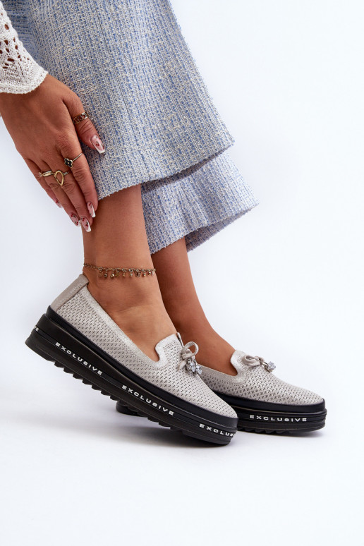 Lesklé Dámské Kozačky Ze Kůže Na Platformě S.Barski LR400 Stříbrné