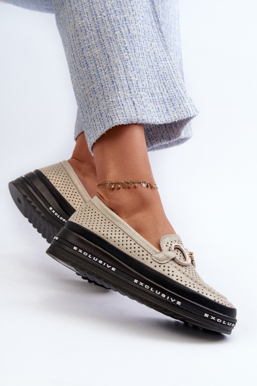 Lesklé kožené dámské mokasíny na platformě s ozdobou S.Barski LR750 zlaté