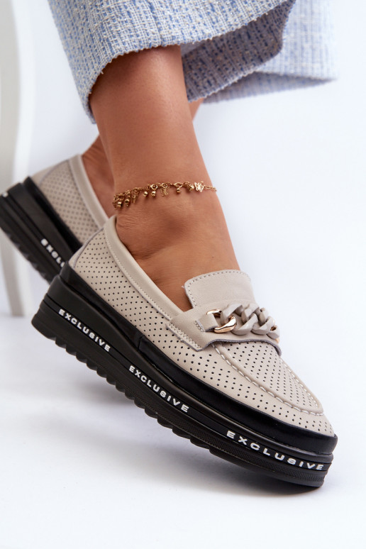 Dámské kožené mokasíny na platformě s řetízkem S.Barski LR618 béžové