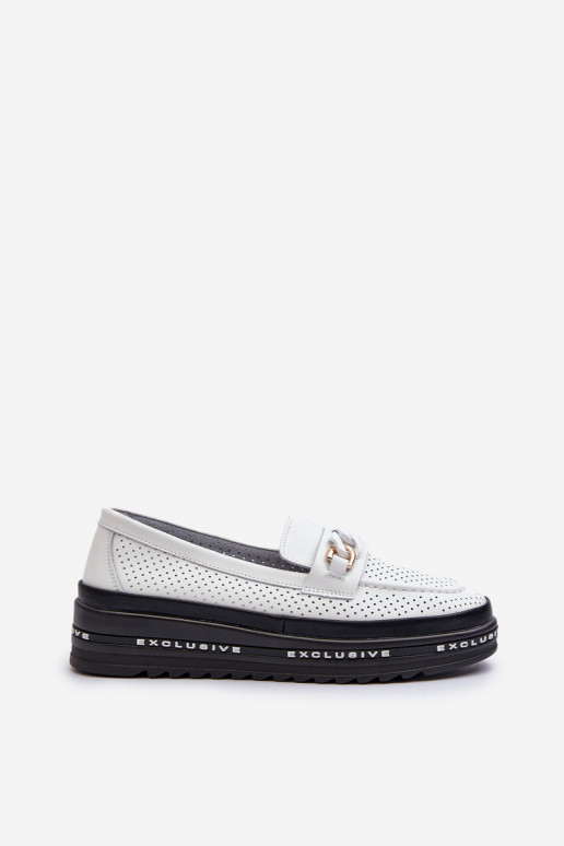 Dámské kožené mokasíny na platformě s řetízkem S.Barski LR618 Bílé