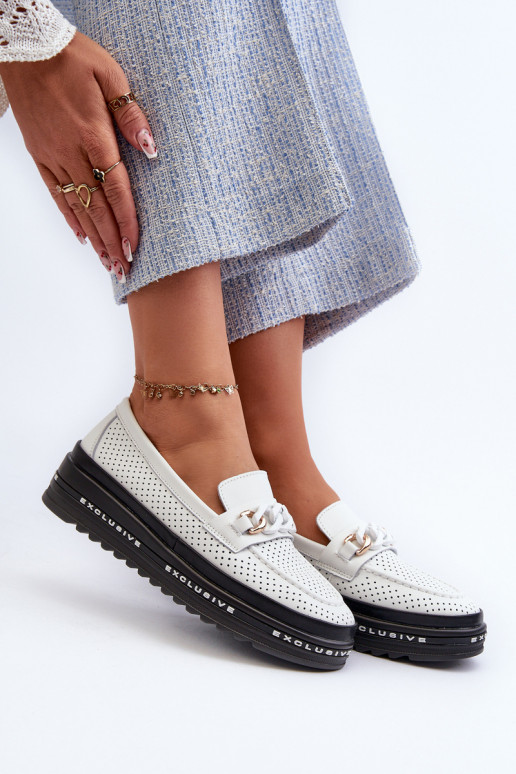 Dámské kožené mokasíny na platformě s řetízkem S.Barski LR618 Bílé