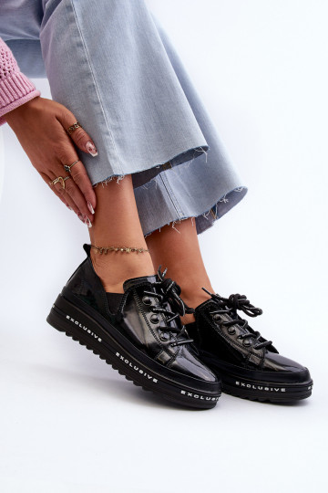 Šněrovací dámské polobotky na platformě z přírodní kůže S.Barski LR620 Černé 2